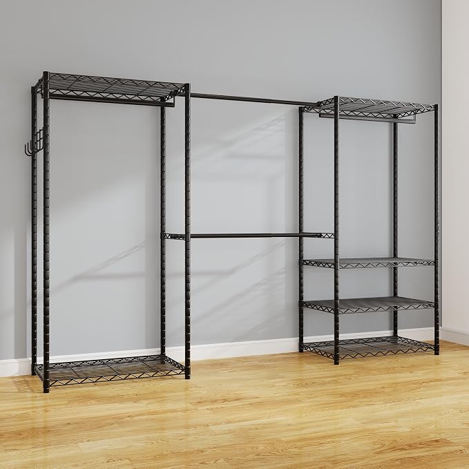 ecobedding Heavy Duty Garment Rack, 900LBS Max Load Freestanding Closet Organizer with 6 Storage Shelves & 3 Adjustable Hanging Rods, Multifunctional, Glossy Black, 15.75" D x 70-88.5" W x 76.5" H