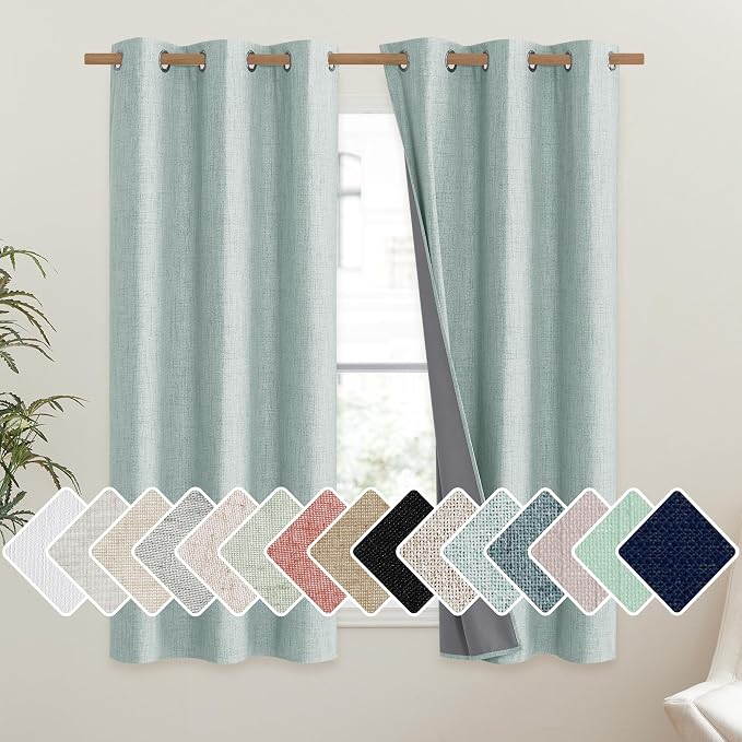 NICETOWN 100% Absolutely Blackout Linen Curtains with Thermal Insulated Liner, Seafoam Green, 42" Wide, 45" Length Energy Saving Curtains for Dining Room 2 Panels Set, Vertical Blinds