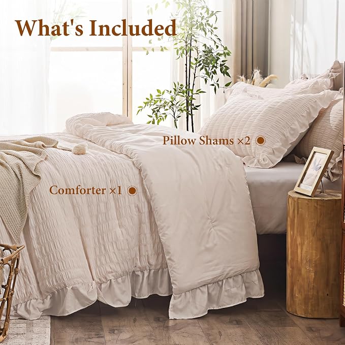 JOLLYVOGUE Oversized King Comforter Set, 3 Pieces Beige Seersucker Comforters, Lightweight & Fluffy Bedding Sets for All Season with 1 Ruffle Comforter and 2 Ruffle Pillowshams
