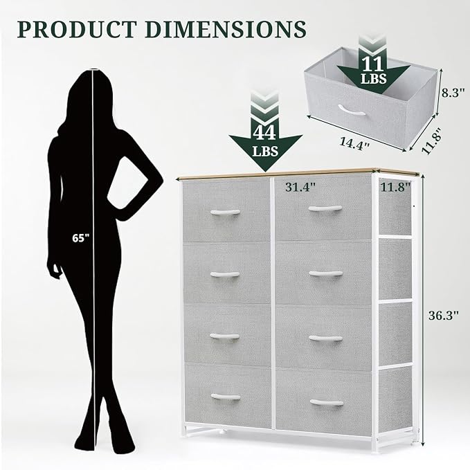 8-Drawer Dresser for Bedroom, Anti-Tip Tall Storage Organizer | Chest of Drawers with Wooden Top and Metal Frame Fabric Bins for Closet, Living Room, Hallway, Entryway, Light Gray