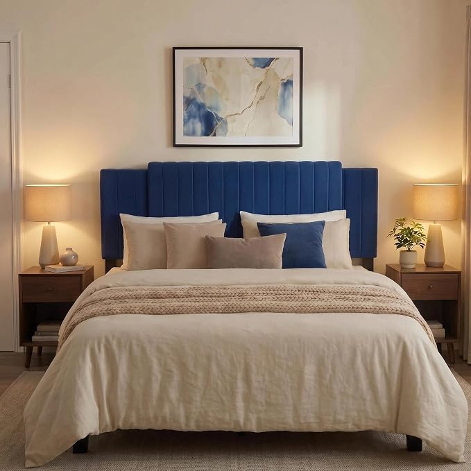 Upholstered Tufted Velvet Headboard, 3 in 1 Headboard for Full/Queen/King Size Bed, Height & Width Adjustable Head Board, Attach Frame, Study & Comfortable, Ideal for Bedroom, Dorm, Guest Room, Blue