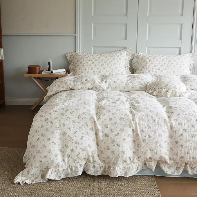 Vintage Blue Floral Duvet Cover Queen Size, Cotton Muslin Quilt Cover with Ruffles, Farmhouse Bedding Comforter Cover 90"x90", Zipper & Corner Ties, Freesia Print, No Pillow
