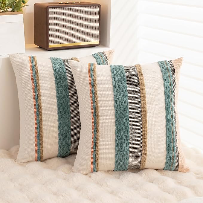 Boho Throw Pillow Covers Decorative Neutral Farmhouse Pillow case | 18x18 Set of 2 Cushion Case Striped Square Pillows Cover Couch Pillow Cases Accent Pillowcase for Sofa Bed,Blue