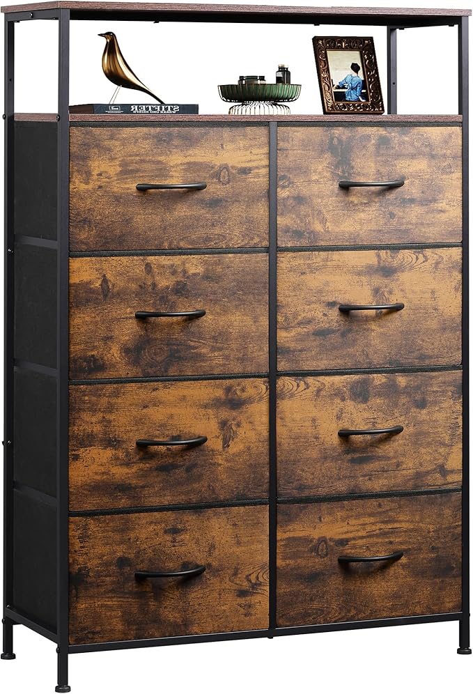 WLIVE Fabric Dresser for Bedroom with Open Shelves, Tall Dresser with 8 Drawers, Storage Tower with Fabric Bins, Chest of Drawers for Closet, Hallway, Rustic Brown Wood Grain Print | 8 fabric drawers plus open shelves, steel frame with wood top, great ...