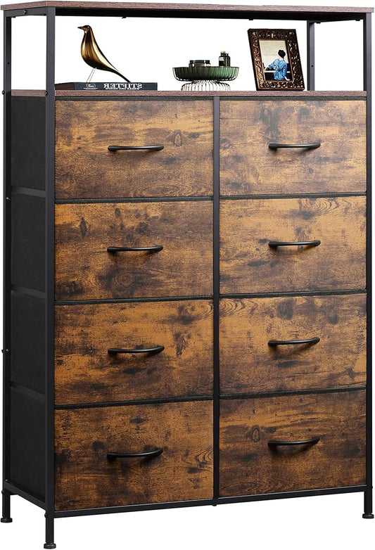 WLIVE Fabric Dresser for Bedroom with Open Shelves, Tall Dresser with 8 Drawers, Storage Tower with Fabric Bins, Chest of Drawers for Closet, Hallway, Rustic Brown Wood Grain Print | 8 fabric drawers plus open shelves, steel frame with wood top, great ...