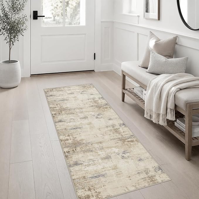 2x5 Washable Runner Rug：Modern Abstract Soft Carpet Beige Brown | For Hallway, Bedroom, Kitchen, Laundry, Bathroom,Door Mat,Modern Abstract,Machine washable,Non-Slip,Stain Resistant,Indoor