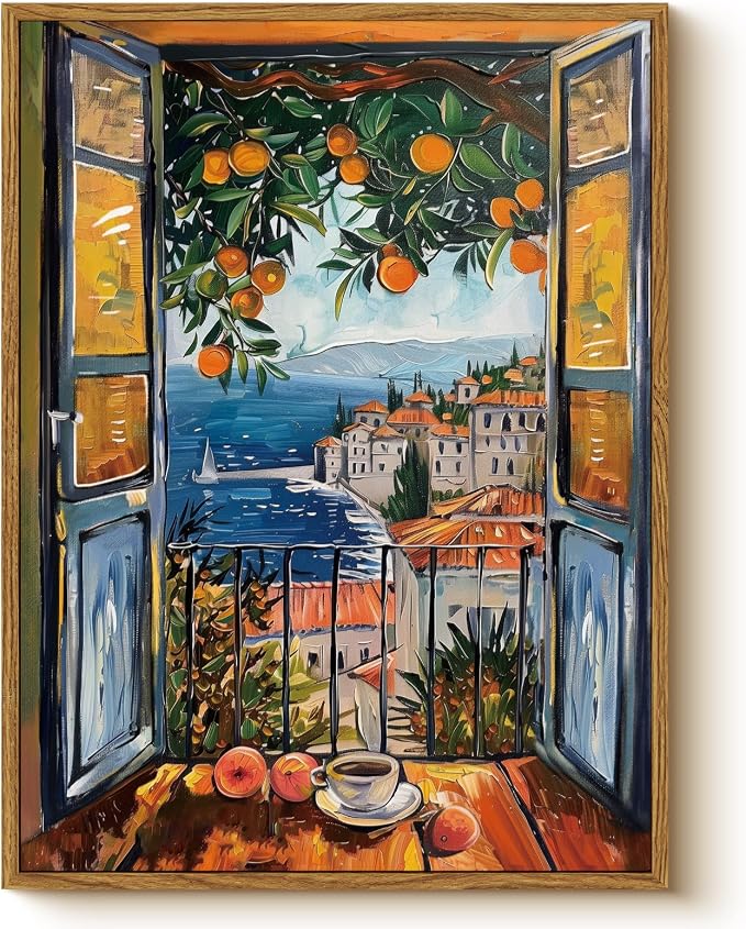 Coastal Framed Canvas Wall Art 12x16 Ocean View with Coffee and Orange Tree, Mediterranean Summer Balcony Window Landscape Artwork Seascape Painting, Beach House Living Room Bedroom Décor
