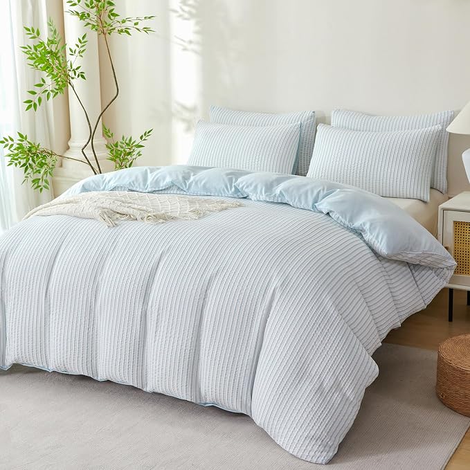 Comforter Queen Set Light Blue Striped Soft Luxury Washed Microfiber Jacquard 3 Pieces Bedding, White Light Blue Vertical Ticking Stripes Comforter with 2 Pillowcases Breathable Durable Comfy