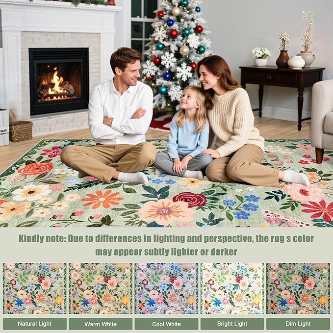 PLHXFR Round Area Rug Living Room: 6 ft Floral Washable Soft Carpet Green | For Bedroom Dining Room Farmhouse Nursery Hallway,Vintage Floral,Machine washable,Non Slip,Stain Resistant,Large Indoor