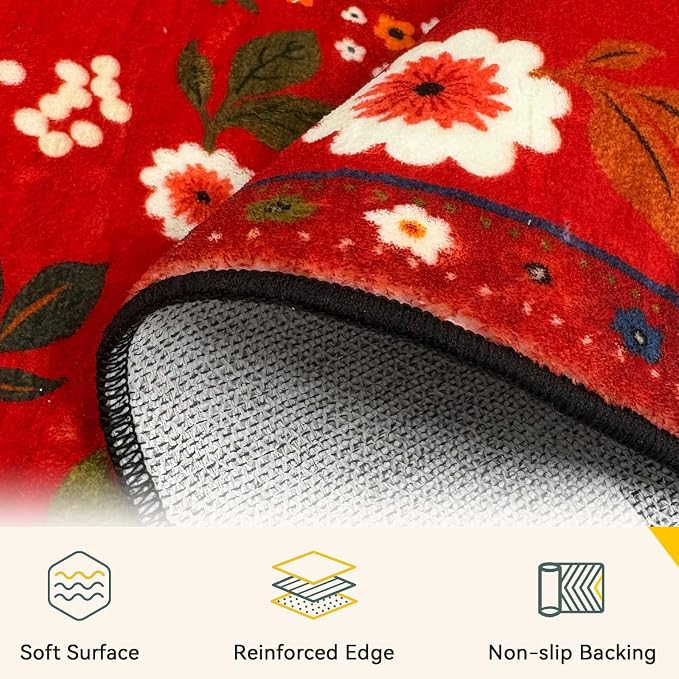 Floral Washable 8x10 Area Rugs Red/Orange | Flower Carpet, Print, Boho, Non-Slip, Easy to Clean, Soft, Low Pile for Living Room Bedroom Kitchen Office Entryway Hallway