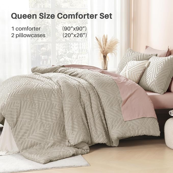Litanika Queen Size Comforter Set, 3 Pieces Oatmeal Tufted Boho Bedding Set | Farmhouse Shabby Chic Vintage Bohemian Textured Aesthetic Soft Fluffy Lightweight Breathable All Season Bed Set for Queen Bed