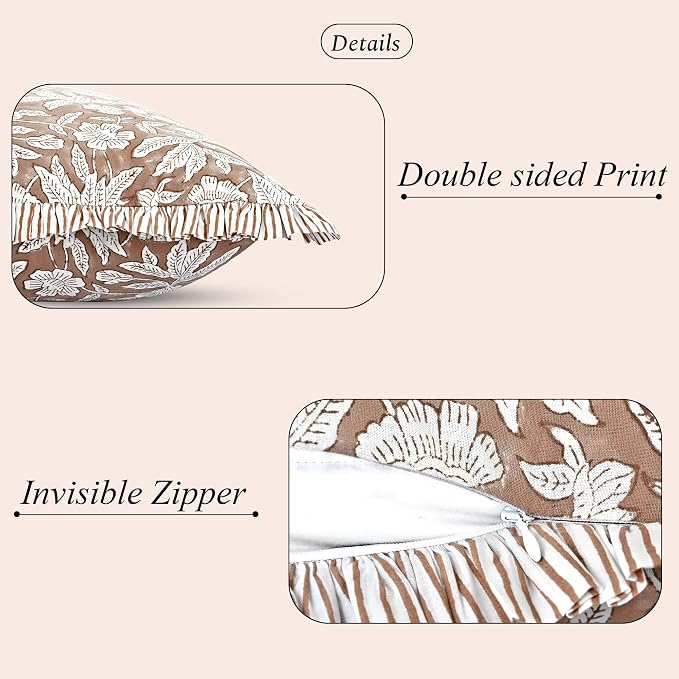 Ridhi Block Print Oak Brown Ruffle Lumbar Pillow Shams, 54" x 20" Set-1 | 100% cotton, Floral Pillowcase, Cushion Cover, Hidden Zipper, Cottagecore Bedding, farmhouse boho style, fits couch, sofa,Bed