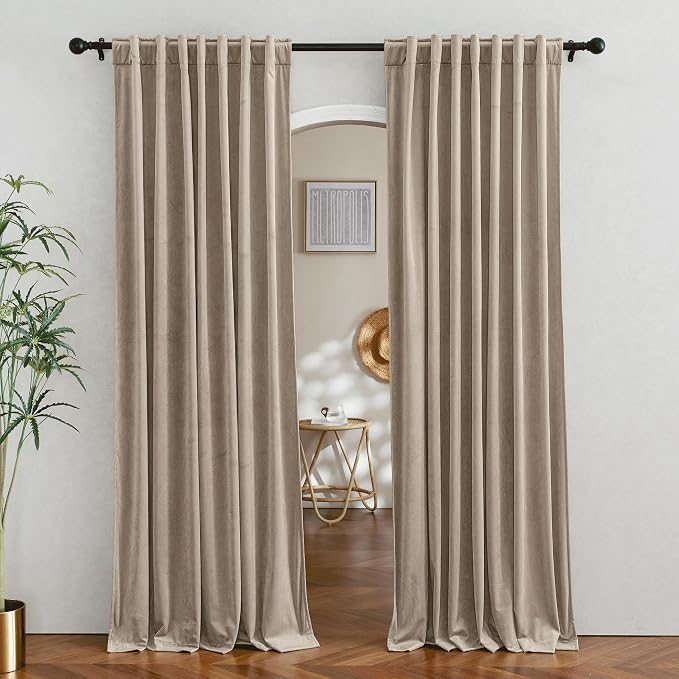 RYB HOME Camel Beige Velvet Curtains 94 inches for Farmhouse Living Room | Thermal Insulated, Privacy UV Block, Energy Saving, Luxury Window Decor for Dining Room Sliding Door, W52 x L94, 2 Panels