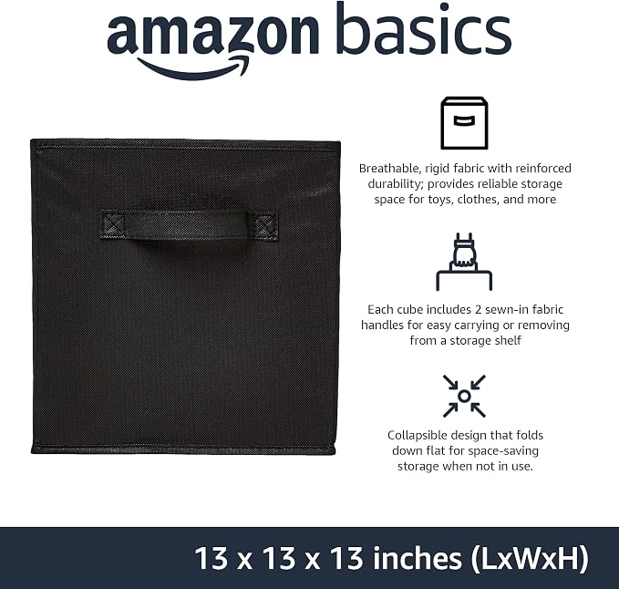 Amazon Basics Collapsible Fabric Storage Cube Bins Organizer with Handles, Organization Containers, Multifunctional, 13" x 13" x 13", Black, 6-Pack
