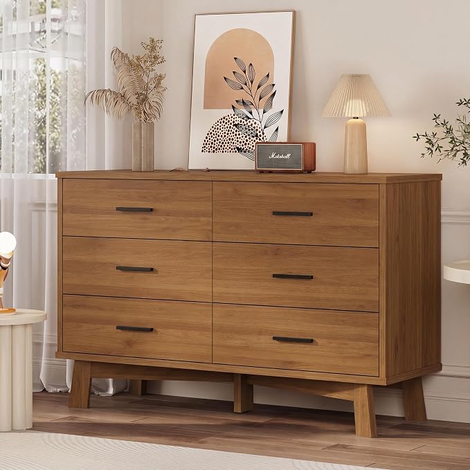 Dresser for Bedroom with 6 Drawer, Modern Chest of Drawers with X-Shaped Sturdy Base, Wide Wood Double Dresser Closet Clothes Storage Organizer, Wooden TV Stand for Living Room, Hallway, Walnut