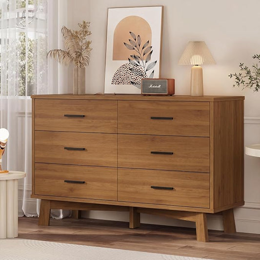Dresser for Bedroom with 6 Drawer, Modern Chest of Drawers with X-Shaped Sturdy Base, Wide Wood Double Dresser Closet Clothes Storage Organizer, Wooden TV Stand for Living Room, Hallway, Walnut