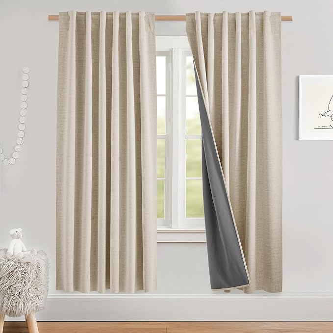 NICETOWN 100% Black Out Linen Curtains 72 inch Long 2 Panels, Beige | Thick Flax, Thermal Insulated, Rod Pocket & Back Tab, Full Light Blocking Draperies for Baby Nursery, Each W52 by L72-inch