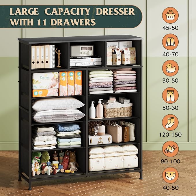 WLIVE Tall Dresser for Bedroom, 11 Drawer Chest of Drawers, Vintage Green | 11 fabric storage drawers, Tall high-capacity design, Bedroom or dorm use, Sturdy steel frame, Smooth wood tabletop