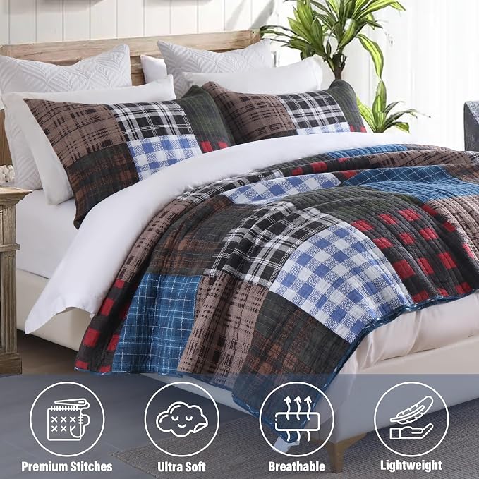 Quilt Set King Size, Cotton Patchwork Blue Black Checkered Patterns Quilt Sets, Reversible Bedspread Lightweight and Breathable for All Seasons, Soft Quilted Bedspread with 2 Pillow Shams
