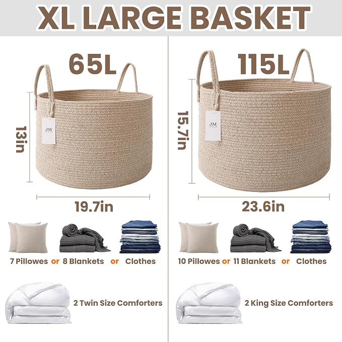 JMvicyroam 65L Extra Large Machine Washable Cotton Rope Blanket Basket | Collapsible Laundry Hamper, Reinforced Handles, For Blankets, Pillows, Toys and Clothes, Living Room and Bedroom, Oatmeal