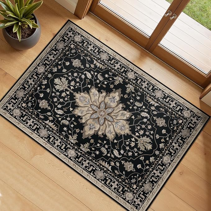 RELEANY Washable Area Rug, Small 2'x3', Black/Neutral | Non-Slip, Water Repellent, Pet Friendly, Easy to Clean, Vintage Floral Boho Decor for Kitchen Entryway Bathroom
