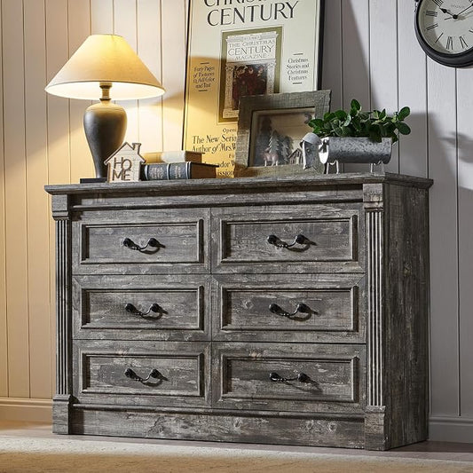 Aitjunz Farmhouse 47'' Wide 6 Drawer Dressers for Bedroom, Light Grey | Chests of Drawers w/Roman Columns, Horizontal Wooden TV Stand Dresser w/Metal Handle for Bedroom, Hallway, Living room