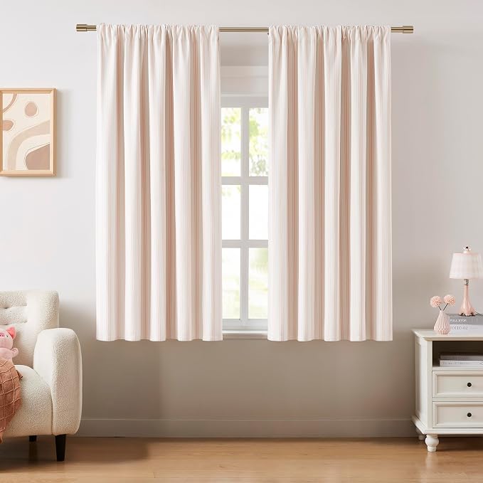 ZJDECOR White Cotton Blended Full Blackout Curtains with Pink Stripes | Modern Bedroom Living Room Drapes,Thermal Insulated Window Treatment,Back Tabs Rod Pocket,55"Wx72"L(Pack of 2)