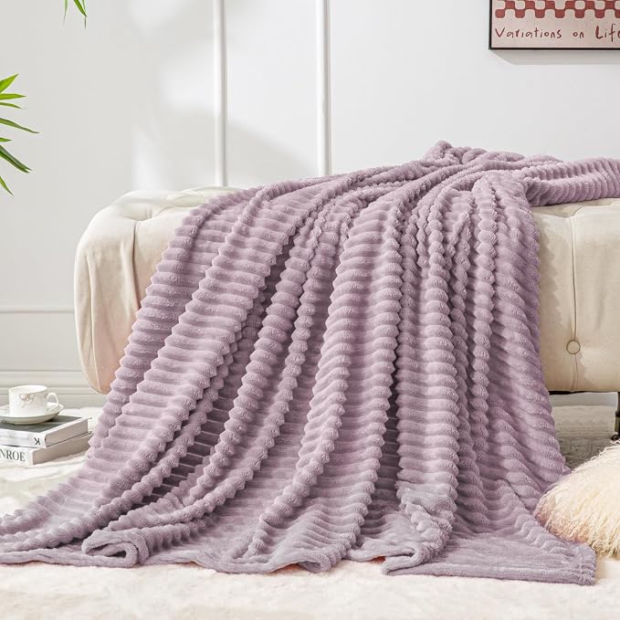 BEDELITE 3D Ribbed Dusky Violet Fleece Twin Blanket for Couch, 60x80 Inch | Soft Warm Fluffy Throw Blanket for Bed Sofa College Dorm Room Decor, Luxury Cozy Plush Gifts for Women Girls, Lightweight