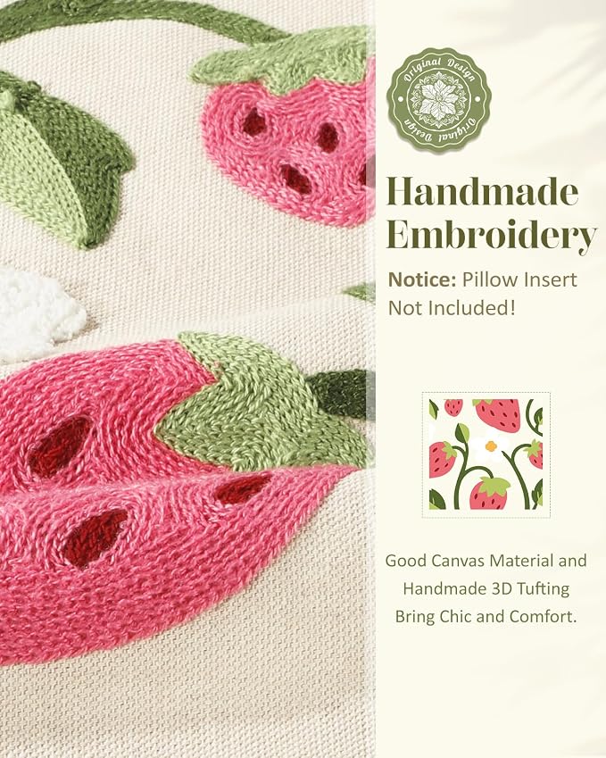 Embroidered Throw Pillow Cover 18x18 Inch, Branch Strawberry | Decorative Pillow Cover, Cottagecore Cushion Case with Hidden Zipper, Farmhouse Decor for Couch, Sofa, Living Room, Bedroom