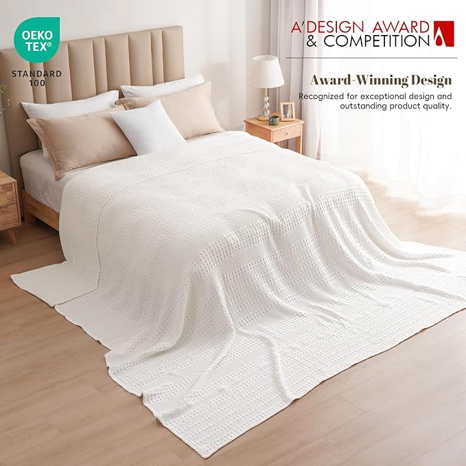 PHF Lightweight 100% Cotton Waffle Blanket, Oversized King, White | Pre-Washed Soft Cotton Comfor, Extra Large 10'x10' Blanket, Giant Big Luxury Aesthetic Woven Bedding for Home Decor