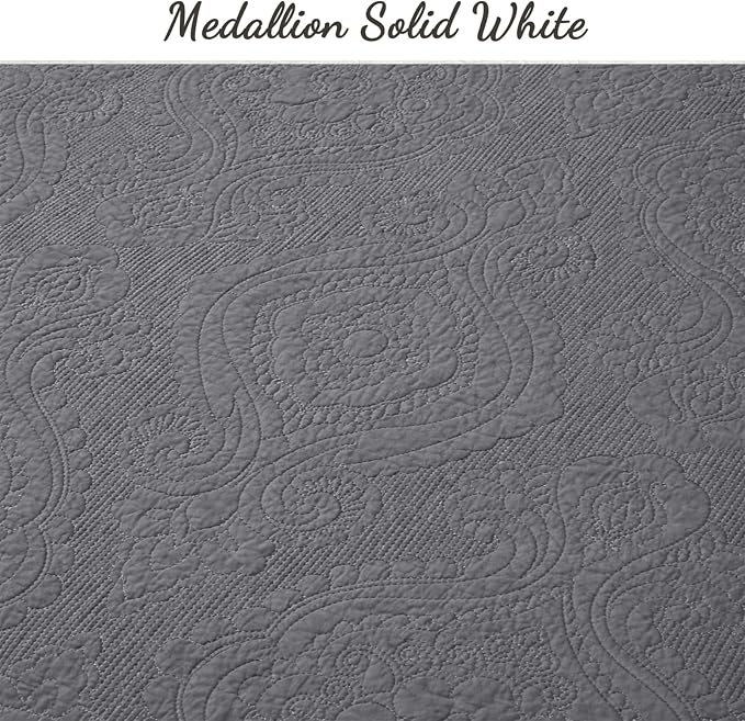Cozy Line Home Fashions Charcoal Gray Cotton Quilt Set – 3-Piece Solid Textured Quilted Bedspread with Shams, Lightweight All Season Modern Bedding (Medallion - Grey, Queen - 3 piece)