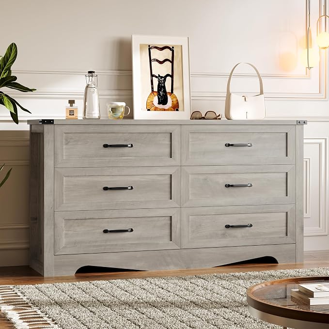BORNOON 6-Drawer Dresser for Bedroom, Modern Wooden Chest of Drawers with Metal Handles, Anti-Tipping Design, Sturdy and Stable Storage Organizer for Living Room, Entryway, Home Office