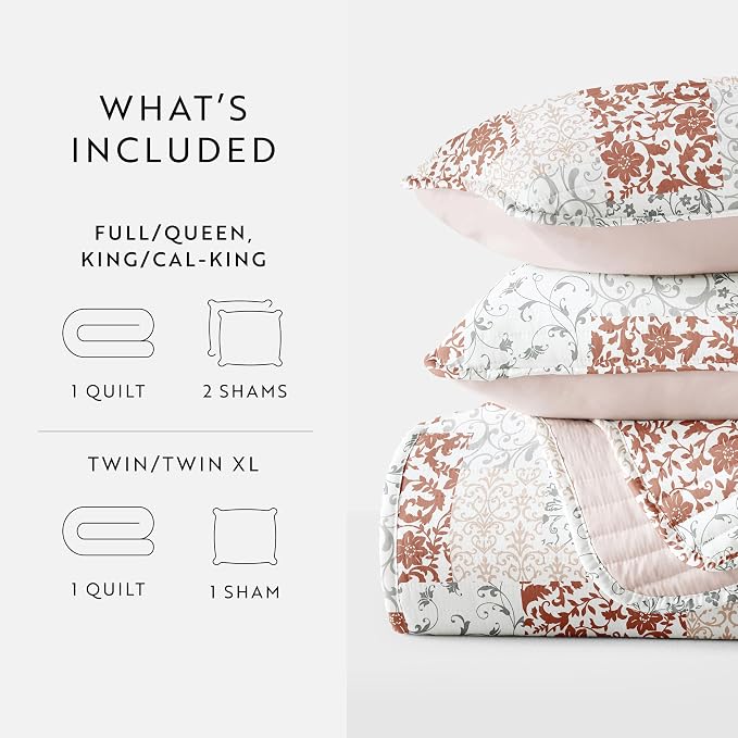 Merit Linens Soft Quilt Coverlet Bedding Set - Pattern/Solid Reversible - Full/Queen Blush