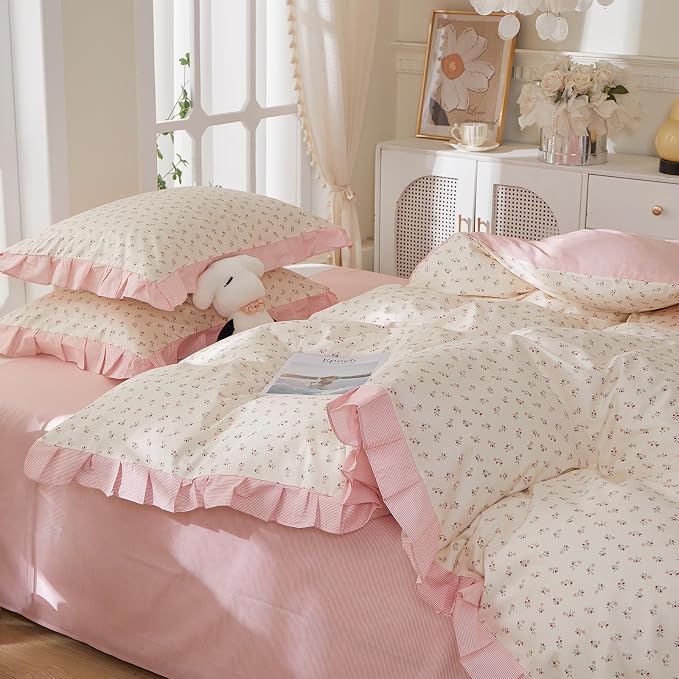 mixinni Pink Floral Duvet Cover Set Twin XL Size – 100% Cotton Ruffle Lace Bedding, Romantic Blushing Flower Print, Reversible Striped Pattern, Cottagecore Soft Aesthetic Princess Bedding for Girls