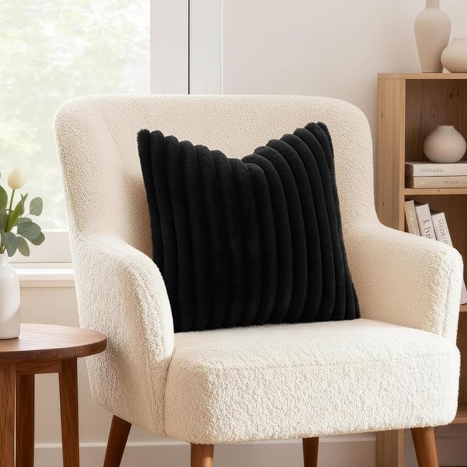 decorUhome Fall Faux Fur Throw Pillow Covers 18x18 Set of 2 Black | Decorative Soft Cozy Striped Plush Modern Farmhouse Boho Couch Pillow Cases Velvet Back for Sofa Bed Living Room Home Decor