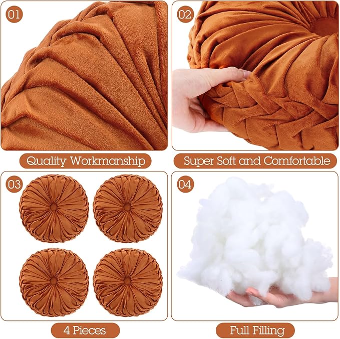 Kathfly 4 Pcs Decorative Round Pleated Throw Pillows, Classy Velvet Pumpkin Round Throw Pillows, Decorative Floor Pillow for Bed Chair Home Sofa Decor, 14" Diameter (Orange)
