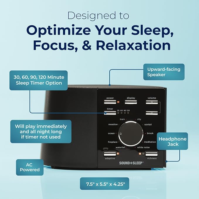 Adaptive Sound Technologies Sound + Sleep White Noise Machine, Black | White Noise Machine for Focus Support with a Convenient Sleep Timer, Built-in Headphone Jack, and Precision Volume Settings