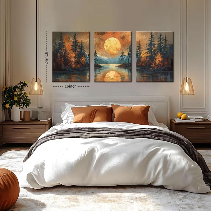 Framed Gold Mountain Forest Sunset Landscape Wall Art Set of 3, Abstract Boho Lakeside Forest Sunset Wall Decor, Vintage Nature Landscape Canvas Prints Poster for Living Room Bedroom Office 16x24 Inch
