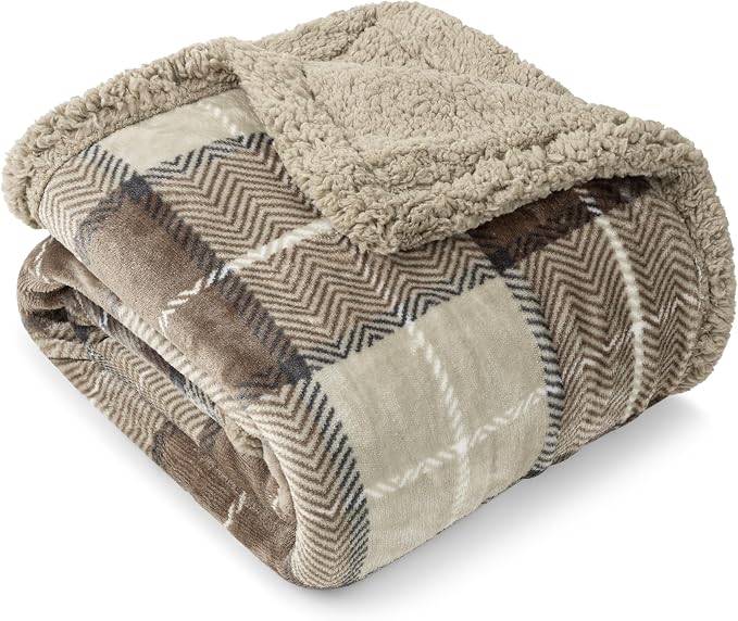 PAVILIA Twin Plaid Sherpa Throw Blanket for Couch Sofa Bed, Taupe, 60x80 | GSM 460; Soft Plush Flannel Fleece; Warm&Cozy for Home; Machine Washable, Perfect Cabin Decor Winter Holiday Christmas Gift