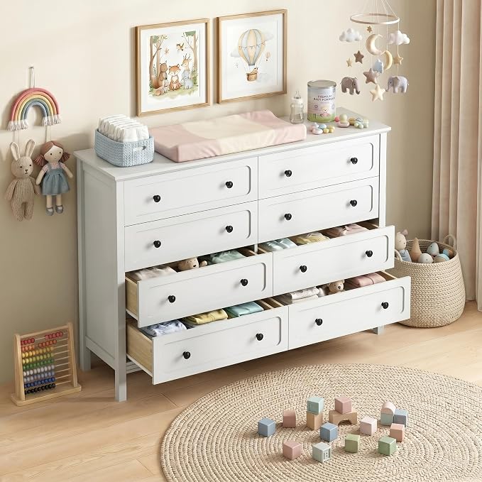 CARPETNAL 55" White Dresser for Bedroom with 8 Drawer & Deep Drawers | Large Storage Modern Chest of Drawers with Metal Handles for Living Room, Hallway