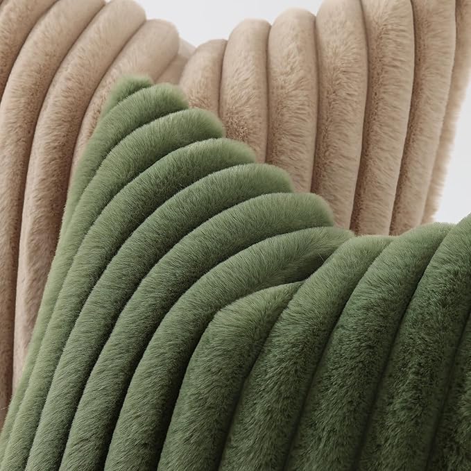 decorUhome Fall Faux Fur Throw Pillow Covers 18x18 Set of 2 Olive Green | Decorative Soft Cozy Striped Plush Modern Farmhouse Boho Couch Pillow Cases Velvet Back for Sofa Bed Living Room Home Decor
