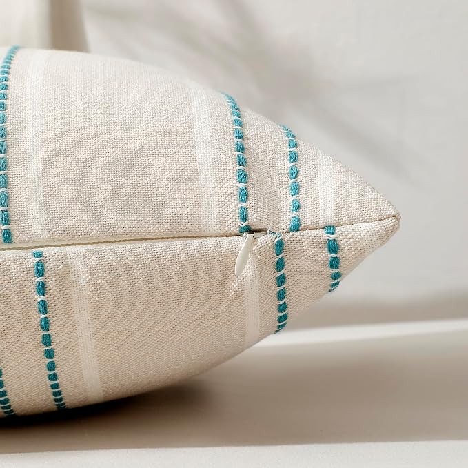 Hckot Stripe Throw Pillow Covers 24x24 Set of 2 Teal Blue Pillow Covers | Euro Sham Farmhouse Decorative Pillows Textured Linen Square Cushion Covers for Sofa Couch Bed Living Room Decor