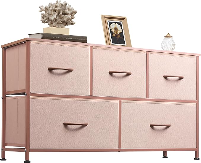 WLIVE Wide Dresser for Bedroom, 5 Drawer Chest of Drawers, Pink | 5 roomy fabric drawers, Wide storage design, Bedroom or closet use, Sturdy steel frame, Smooth wood tabletop