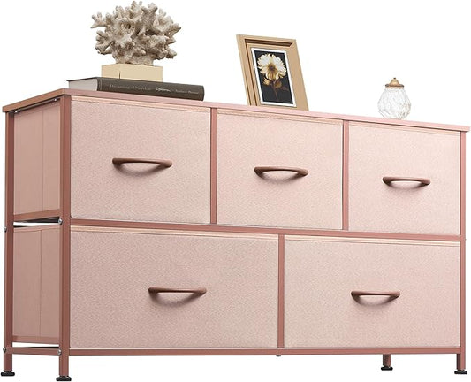 WLIVE Wide Dresser for Bedroom, 5 Drawer Chest of Drawers, Pink | 5 roomy fabric drawers, Wide storage design, Bedroom or closet use, Sturdy steel frame, Smooth wood tabletop