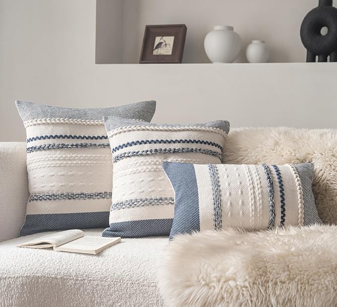 Cethom Boho Throw Pillow Covers 18x18 Inch Set of 2, Navy Blue Textured Decorative Couch Pillow Cases for Farmhouse Home Decor, Accent Cushion Cover for Sofa, Bed, Living Room, Bedroom