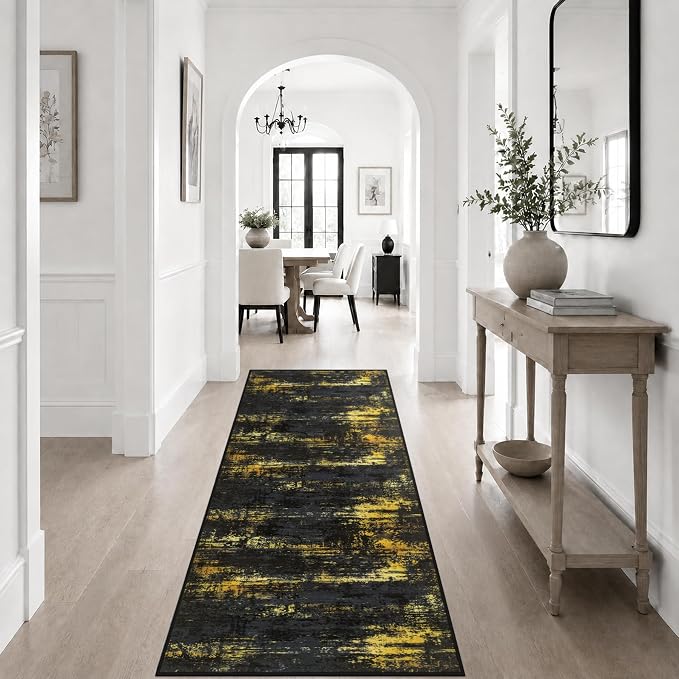 2x6 Washable Runner Rug：Modern Abstract Soft Carpet Black Gold | For Hallway, Bedroom, Kitchen, Laundry, Bathroom,Door Mat,Modern Abstract,Machine washable,Non-Slip,Stain Resistant,Indoor