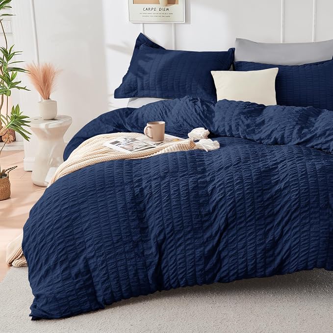 HYMOKEGE Navy Blue/Light Grey Oversized King Comforter Set Seersucker 7 Pieces, All Season Luxury Bed in a Bag for Bedroom, Bedding Set with Comforter, Sheets, Pillowcases & Shams