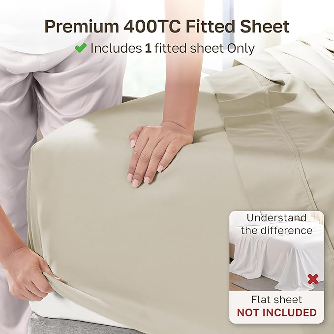 California Design Den Soft 100% Cotton Sateen Twin XL Fitted Sheet, Beige | 400 Thread Count Backed by Good Housekeeping Seal, All-Around Elastic, No-Pop Fit, Durable, OEKO-TEX