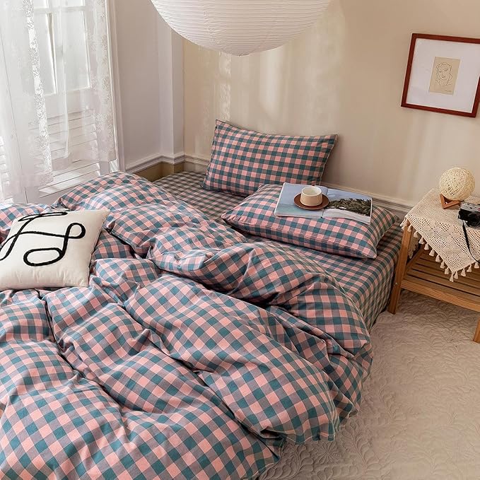 mixinni Plaid Duvet Cover Set Queen Purple - Soft Washed Cotton Modern Geometric Bedding Set with 2 Pillowcases, Pink Blue Gingham Grid Queen Duvet Cover for Men & Women, Soft & Lightweight