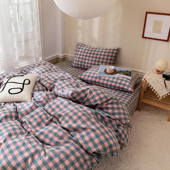 mixinni Plaid Duvet Cover Set Twin Purple - Soft Washed Cotton Modern Geometric Bedding Set with 2 Pillowcases, Pink Blue Gingham Grid Twin Duvet Cover for Men & Women, Soft & Lightweight